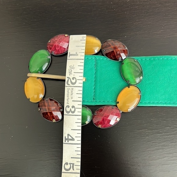 Pieces Verinda belt, multi color bejeweled buckle, green retro belt,43” length - Picture 10 of 16